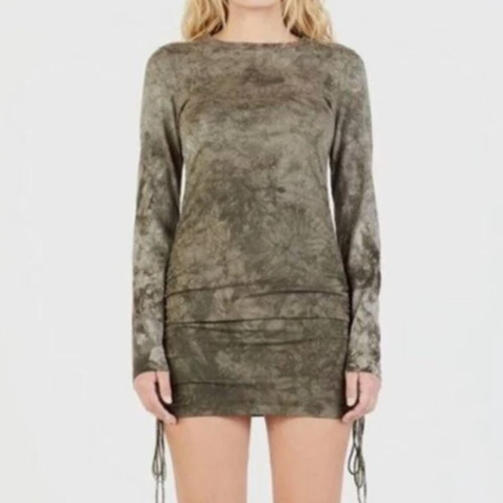 Cotton citizen tie dye long sleeve ruched dress earthy green super soft casual